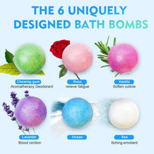 Bath bomb set with six round bombs: green, pink, purple, blue, and white
