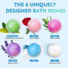 Bath Bombs Gift 6 Pack, Large Organic & Natural Essential Oil Handmade Set Moisturize Dry Skin