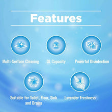 Features graphic for disinfectant floor cleaner: multi-surface cleaning and 3L size