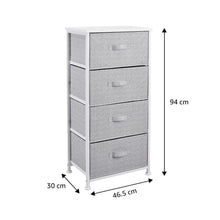 4-drawer fabric storage organizer with white frame, grey drawers, shown with size