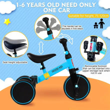 Kids balance bike with adjustable seat and handlebar, blue frame, and front storage rack