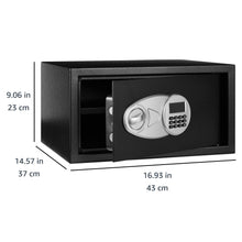 Black security safe with open front door, showing digital keypad and latch