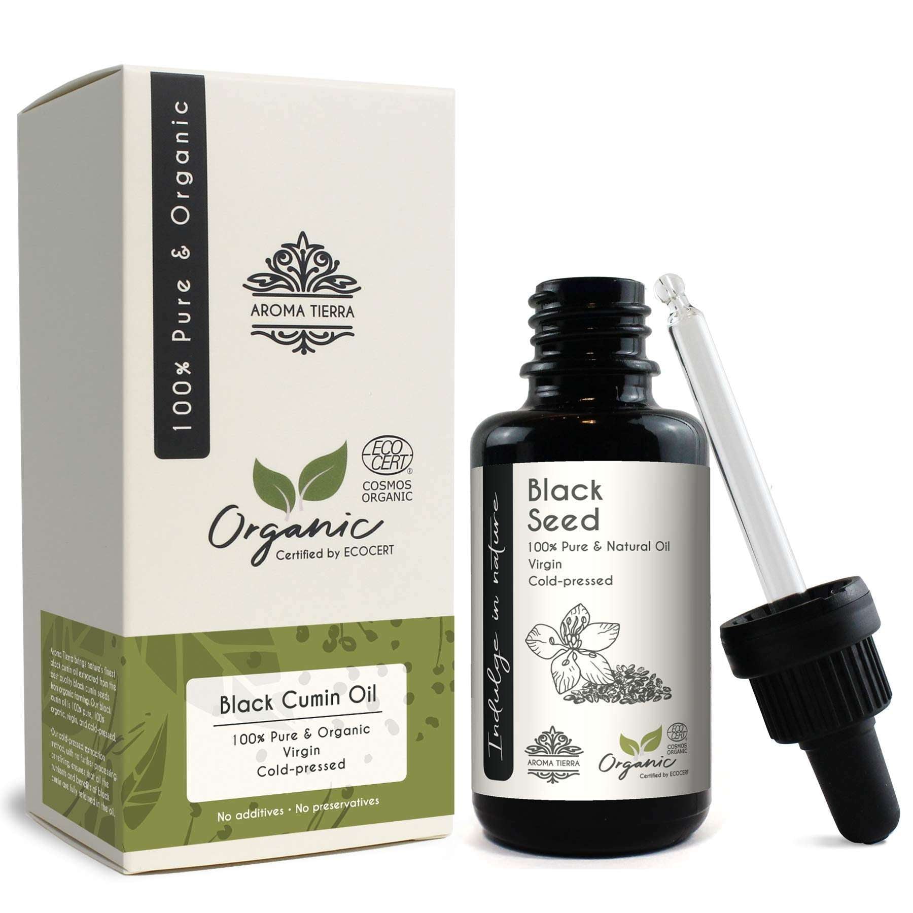 Aroma Tierra organic black seed oil for hair growth bottle with glass dropper and branded box