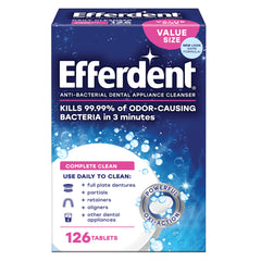 Box of Efferdent retainer cleaning tablets value size 126 tablets antibacterial dental appliance cleanser