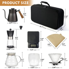 Pour Over Coffee Maker set, V60 Kit with Portable Carry Case, Kettle with Thermometer, Drip Filter Share Pot,Filters, Coffee Scale, Double wall Mug, Manual Grinders