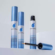 Eyelash and brow serum set of blue-capped tubes and open applicator wand
