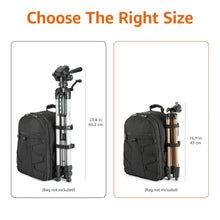 Tripod sizing infographic comparing two tripod heights with black carry bag shown beside each