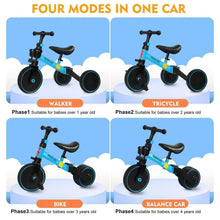 Kids multi-mode ride-on tricycle showing four configurations with blue frame and black seat