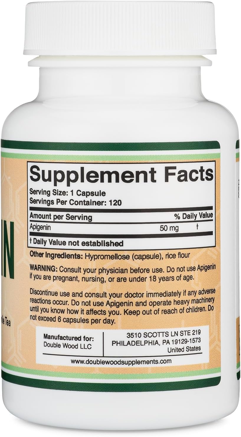 Double Wood Supplements Apigenin - 50mg per Capsule, 120 Count (Powerful Bioflavonoid Found in Chamomile Tea for Relaxation, Sleep, and Mood) Senolytic Flavonols for Aging Manufactured in The USA by