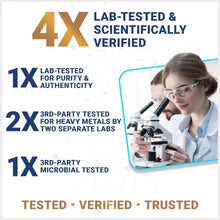 Supplement label card with 4x lab-tested and scientifically verified badge