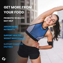 Probiotics marketing graphic with person holding a salad bowl and 50 billion claim