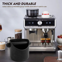 Black coffee grounds bucket with attached knock bar, side handles