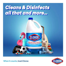 Clorox liquid bleach bottle with blue cap and blue-striped CLOROX label