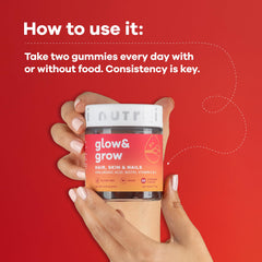 Nutrili Glow & Grow Sugar Free Vitamin Gummies (1 month) | Hair, Skin & Nails | With Hyaluronic acid, Biotin, Vitamin E & C