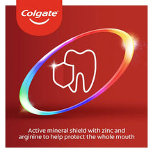 Toothpaste benefits panel showing tooth shield graphic, zinc and arginine callout