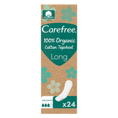 Carefree 100% Organic Cotton Liners, Dermatologically Tested, Fragrance Free, Long Size, Pack of 24, for Skin That Breathes Easily and Stays Cool & Fresh