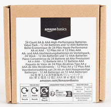 AA and AAA alkaline battery value pack box front with product text and icons