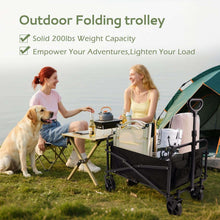 Black folding garden cart with fabric liner and side compartments, four caster wheels