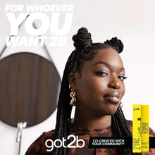 Eyebrow and edge styling gel stick on yellow, got2b Glued, next to model image.