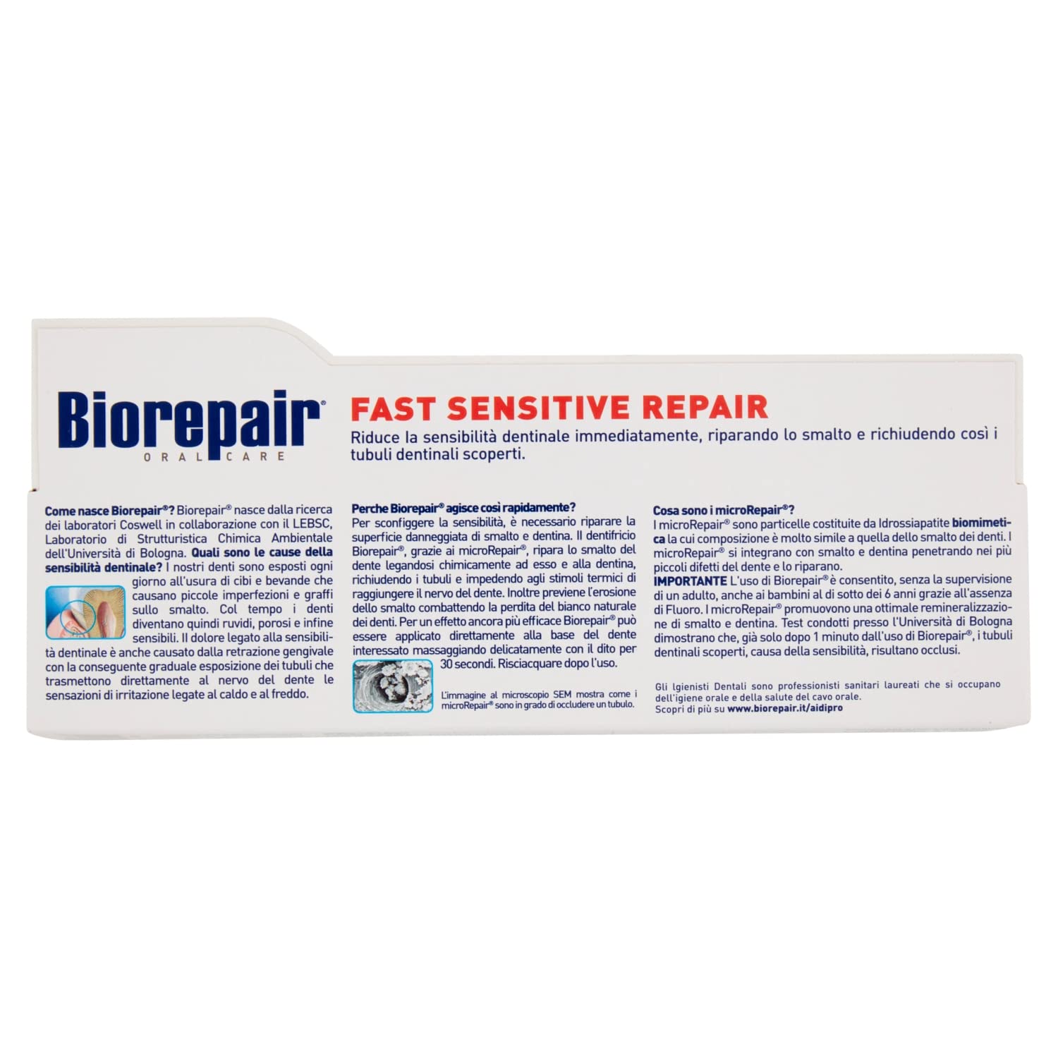 Biorepair toothpaste for sensitive teeth box showing Fast Sensitive Repair branding and product information
