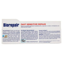 Biorepair Fast Sensitive Repair toothpaste box side panel with blue title and info text.