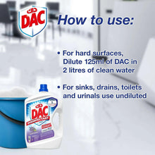 Disinfectant floor cleaner bottle with blue cap; DAC disinfectant label front
