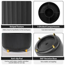 Rotating desk organizer with 5 divided compartments, anti-slip base, ribbed black design
