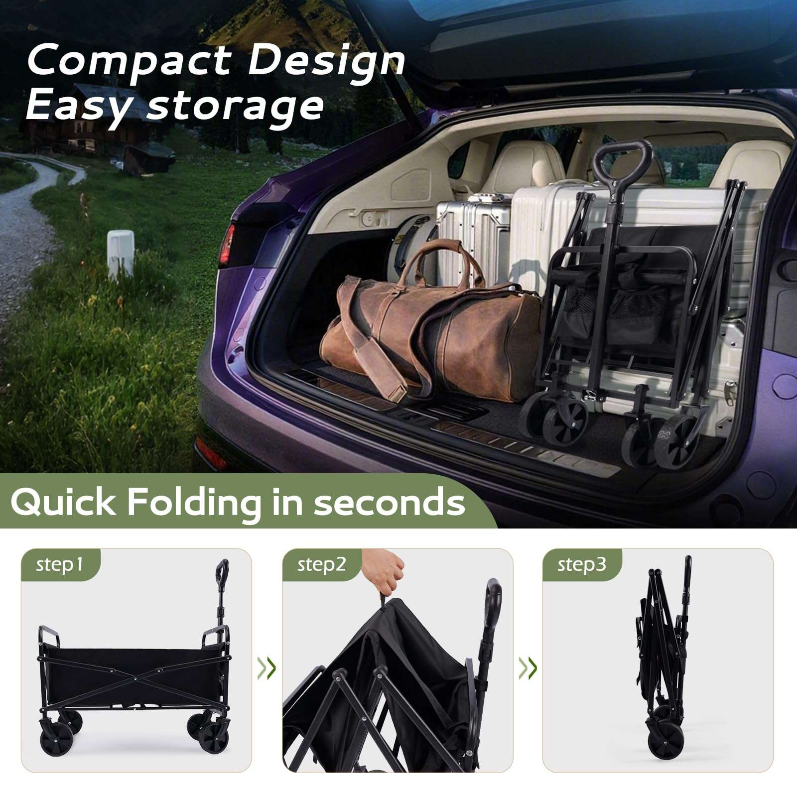 Garden Cart Folding Trolley Cart Outdoor Wagon Collapsible with Removable Fabric Festival Garden Camping Picnic Cart Supports Max 100kg Portable Transport Trailer (Black)