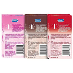Back panels of three Durex extra thin flavored condom boxes with ingredient details