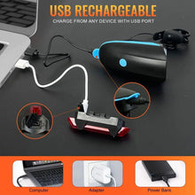 USB rechargeable bike light set with headlight, rear light, and USB charging cables