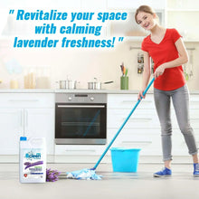 Disinfectant floor cleaner bottle beside mop, lavender scent, 5L