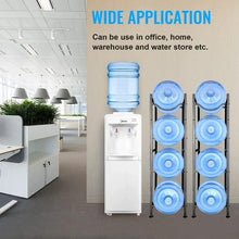 4-tier water bottle storage stand with multiple blue 5-gallon bottles, two units side by side