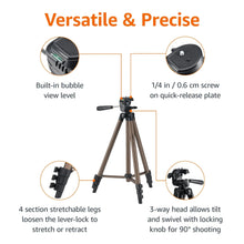 Tripod feature infographic with bubble level, 1/4 in screw quick-release plate, and leg sections