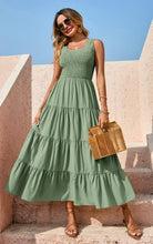 Sage green smocked tank summer dress with tiered ruffles and flowing midi hem