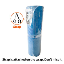 Blue exercise mat rolled in clear wrap with black carrying strap