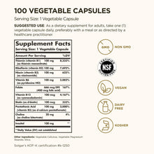 Supplement facts panel for 100 vegetable capsules with vegan and non-GMO icons