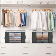 Pair of foldable storage bag organizers with clear windows, holding folded clothes, dark gray