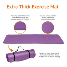 Purple extra-thick exercise mat with textured surface and elastic carry strap
