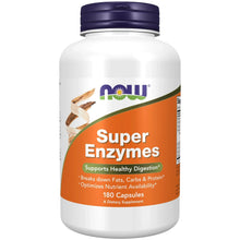 NOW Super Enzymes supplement bottle with purple cap and orange front label