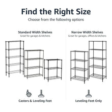 Wire storage rack size options diagram with standard and narrow shelf layouts