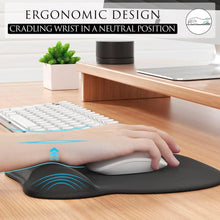 Black gel wrist rest mouse pad with hand resting on smooth surface