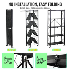 Foldable Storage Organizer 5 Tier, Storage Shelves Kitchen Cabinet Storage Rack, Shelf Storage Multipurpose Rack for Living Room Bedroom Kitchen Garage Black 71x34x175cm