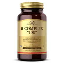 B-Complex "100" vegetable capsules bottle with gold cap and amber label