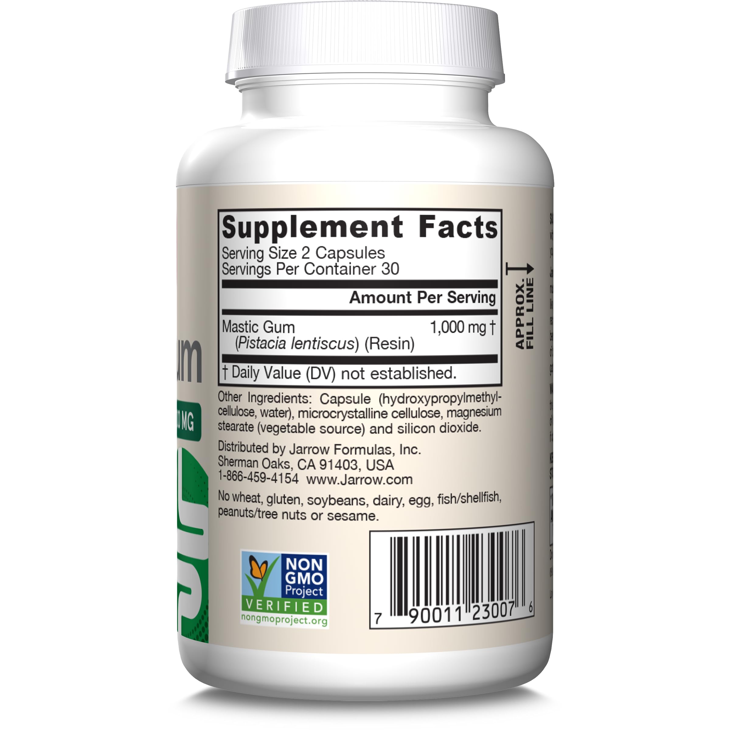 Jarrow Formulas Mastic Gum 1000mg supplement bottle back label showing Supplement Facts 30 servings Non GMO