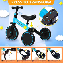 Kids tricycle with black seat and three wheels; transformation connector near frame