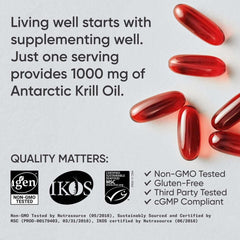 Red softgel capsules and label stating one serving provides 1000 mg Antarctic krill oil krill oil supplement 1000mg