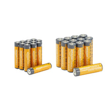 Stacked AA and AAA alkaline batteries, assorted packs with gray metal tops