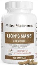 Lion's Mane dietary supplement bottle, 120 capsules, with loose capsules visible
