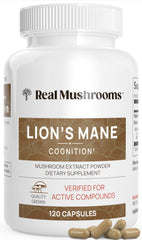 Real Mushrooms Lions Mane bottle with 120 organic lions mane mushroom capsules for cognition support