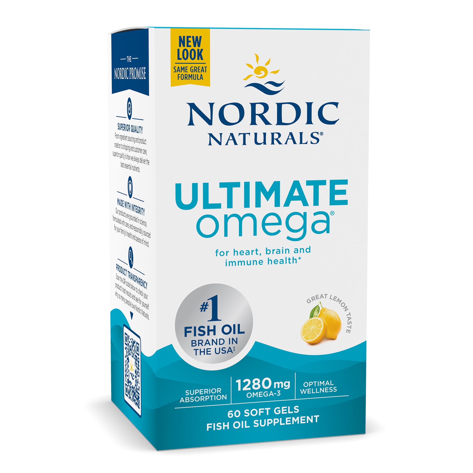 Nordic Naturals Ultimate Omega fish oil supplement 60 soft gels lemon flavor 1280 mg omega 3